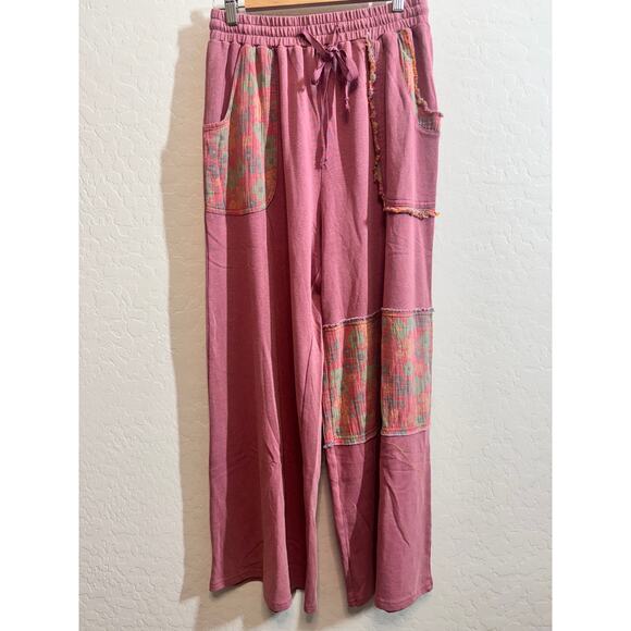 Easel Womens Athleisure Patchwork Mineral Wash Terry Cloth 2 Pc Pant Set Pull on - Picture 3 of 4